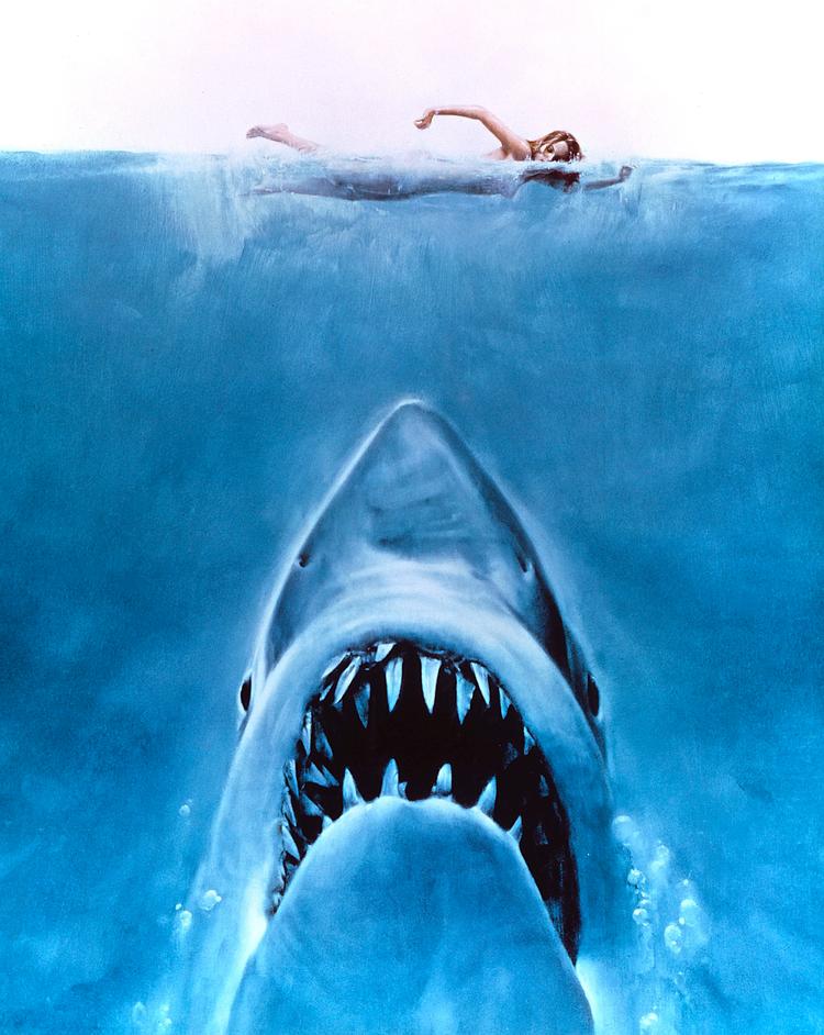 Hvad gemmer sig under overfladen? 'Dødens gab' var ikke kun sjov at lave for Steven Spielberg, der havde en masse problemer med den mekaniske haj. Til gengæld sikrede filmen hans helt store gennembrud. 'Dødens gab' skrev også filmhistorie., da den blev den første sommerblockbusterfilm.    Foto: Universal/af Archive/Mary Evans/Ritzau Scanpix