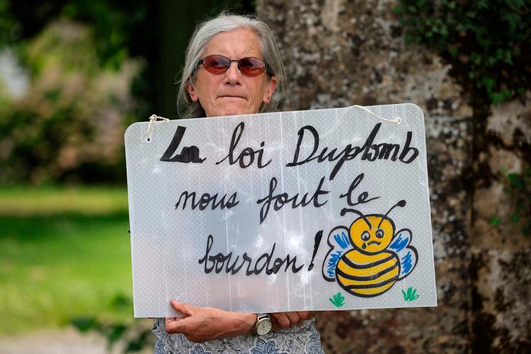 »Duplomb-loven giver os blues«, skriver en aktivist fra landbrugsforeningen Confédération Paysanne, der samler mindre landmænd og som arbejder for et mere bæredygtigt landbrug. Foto: Valentine Chapuis/Ritzau Scanpix