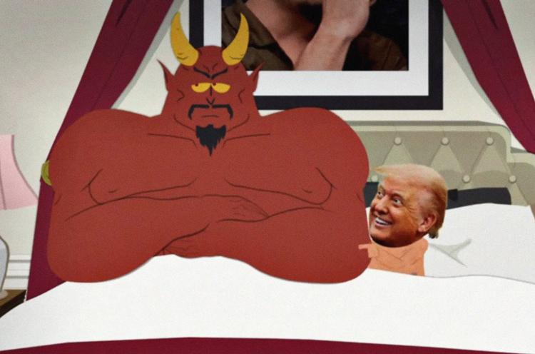 I et af de nyeste South Park afsnit er den amerikanske præsident, Donald Trump, portrætteret i seng med djævlen. Foto: Skærmdump fra afsnittet