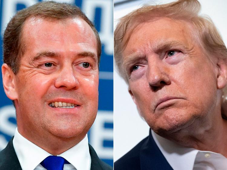    USA's præsident Donald Trump lod sig for et par dage siden provokere af den russiske ekspræsident Dmitrij Medvedev, som truer med at udløse tredje verdenskrig, hvis Trump straffer Rusland med sanktioner. Foto: Andrej Isakovic, Brendan Smialow/Ritzau Scanpix