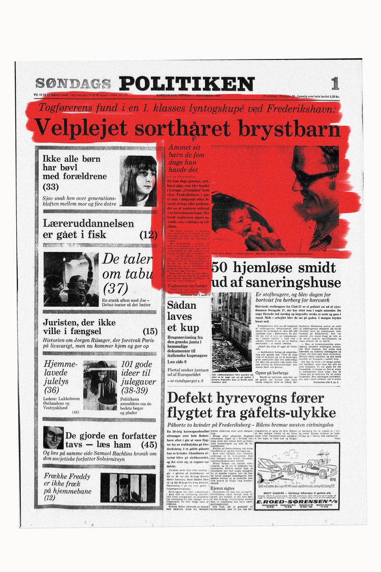 Sagen om et hittebarn fundet i et tog i 1969 blev omtalt vidt og bredt i danske medier i sin tid - bl.a. også her i Politiken. Nu oprulles historien med hjælp fra hittebarnet selv.  Foto: Politikens forside 7. december 1969. Illustration: Rasmus K. Vendrup