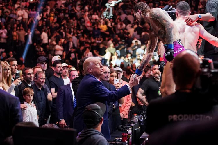 Donald Trump er ivrig gæst ved UFC-stævner. Her hilser han på UFC-kæmper Sean O'Malley ved et stævne i New Jersey i juni. Foto: Nathan Howard/Ritzau Scanpix