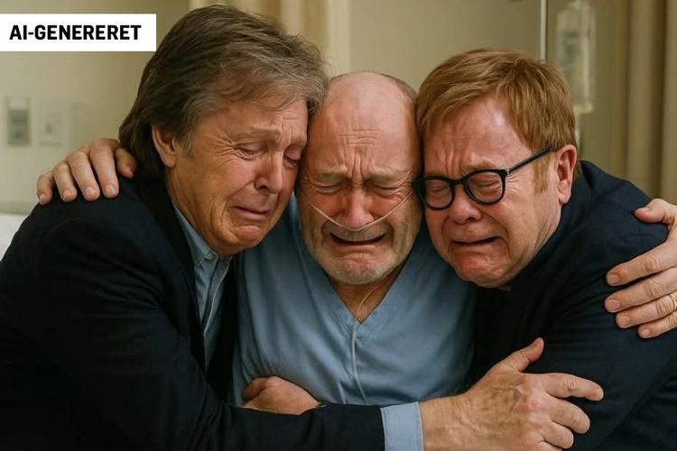 Paul McCartney og Elton John har ifølge flere fotos, der florerer på internettet, været på hospitalet hos den tilsyneladende alvorligt syge Phil Collins. Det har de ikke, og Collins blev blot behandlet for et dårligt knæ. Foto: Screenshot af AI-genereret indhold 