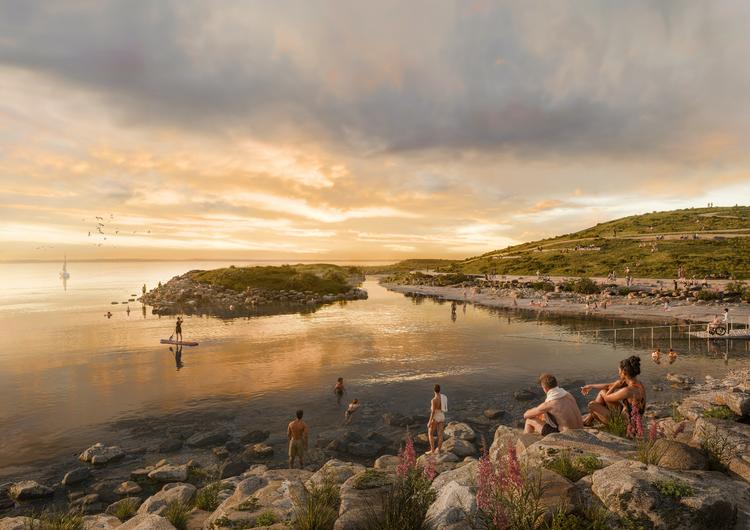 Efter planen skal byggeriet af den nye store kystnære park Nordør i Nordhavn begynde i 2028.  Rendering SLA