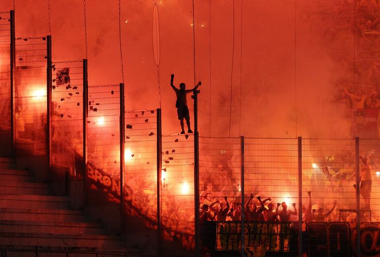 Brøndbyfans under den første kamp på udebane mod Strasbourg  i sidste uge. Foto: Christian Hartmann/Ritzau Scanpix