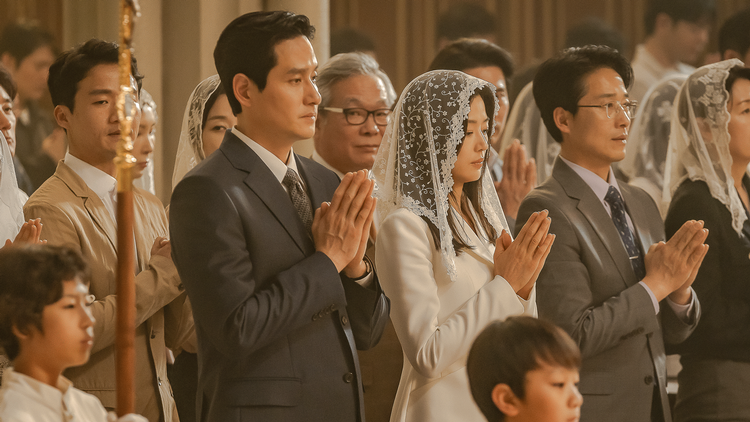 Den koreanske oppositionspolitiker og hans kone går i kirke og beder en bøn for koreansk genforening, fordi pressen er på sin plads. Herefter udvikler den nye koreanske serie 'The Tempest' sig i vilde retninger. Foto: Disney+
