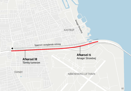 Det var mellem afkørsel 15 og 18, at motorvejen var spærret i den vestlige retning. 