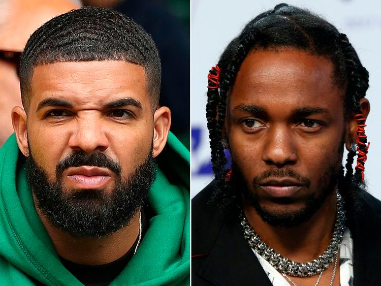 Drake (tv.) blev af Kendrick Lamar (th.) beskrevet som pædofil, men ifølge en dommer vil en »fornuftig lytter« ikke tro, at sangen formidler fakta. Foto: Daniel Leal, Tommaso Boddi/Ritzau Scanpix