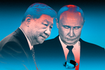 Statslederne Xi Jinping og Vladimir Putin arbejder tæt sammen og mødes flere gange om året. Landene samarbejder også om at underminere FN's menneskerettigheder, anklager ngo i en ny rapport. Illustration: Caroline Niegaard. Originalfoto: Drew Angerer/Ritzau Scanpix / Unsplash