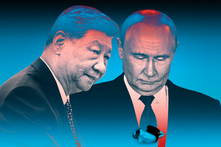 Statslederne Xi Jinping og Vladimir Putin arbejder tæt sammen og mødes flere gange om året. Landene samarbejder også om at underminere FN's menneskerettigheder, anklager ngo i en ny rapport. Illustration: Caroline Niegaard. Originalfoto: Drew Angerer/Ritzau Scanpix / Unsplash