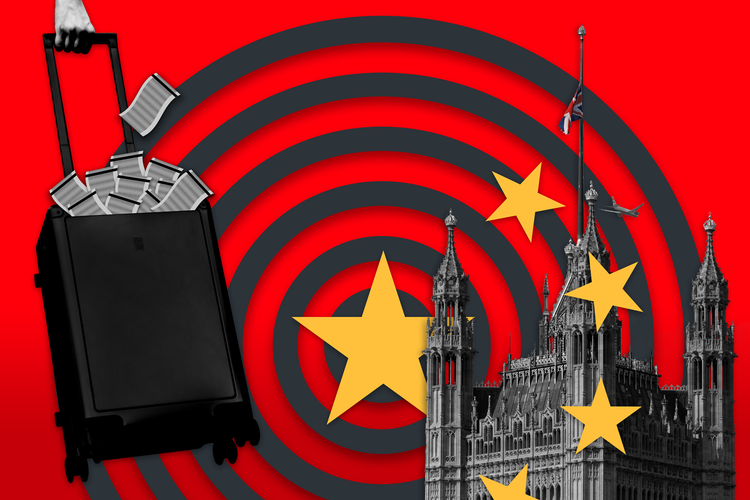 Det britiske parlament er rystet af en spionsag med tråde til Kina. Nu er sagen tilmed kollapset lige før, retssagen skulle gå i gang. Illustration: Caroline Niegaard. Originalfoto: Belinda Jiao/Ritzau Scanpix / Unsplash