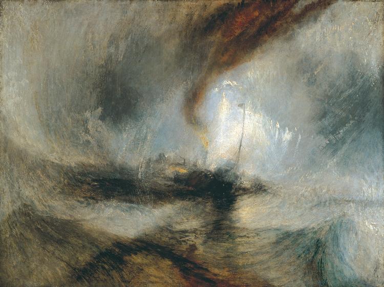 Hos den britiske maler J. M. W. Turner tog tågen til i løbet af hans karriere. Her er det 'Snestorm, Dampskib fra Harbour Mouth laver signaler på lavt vand' (1842), hvor kun en tynd streg antyder noget fast form i billedets centrum, som er totalt domineret af tåge, regn og bølger. Foto: Ritzau 