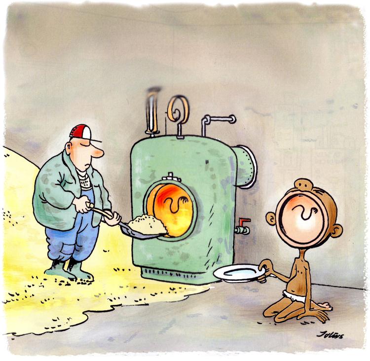 Landmændene fyrer med korn for at spare i januar 2010. Jens Julius Hansen illustrerer på enkleste vis.  