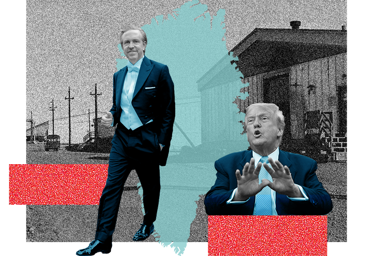 USA's ambassadør til Danmark, Kenneth Howery, og præsident Donald Trump. I baggrunden et gammelt foto af den amerikanske Thulebase i Grønland, der i dag hedder Pituffik Space Base.    Kollage: Christine Vierø Larsen. Originalfoto: Erngaard, Brendan Smialowski, Mads Claus Rasmussen