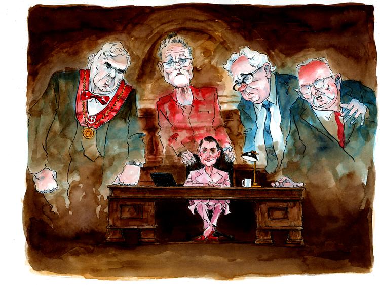 SF'eren Sisse Marie Welling kan se frem til at flytte sammen med de socialdemokratiske genfærd på overborgmesterkontoret i København. Spøgelserne er (fra venstre) Urban Hansen, Ritt Bjerregaard, Egon Weidekamp og Jens Kramer Mikkelsen. Tegning:  Roald Als