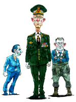 Den nyudnævnte viceforsvarschef Henrik Berg flankeret af statsministeren og forsvarsministeren. Tegning: Roald Als