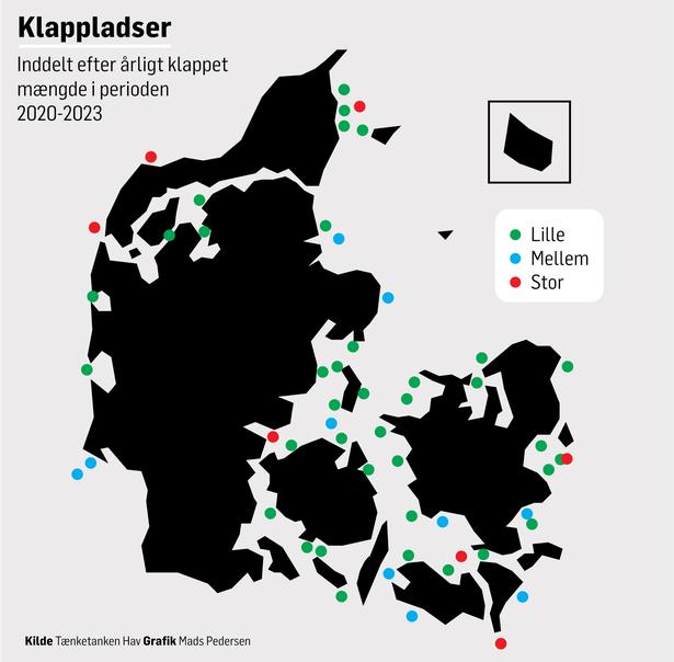 Map of dumping sites. Green is a small amount of dumping, blue is a medium amount of dumping, and red is a large amount of dumping.   