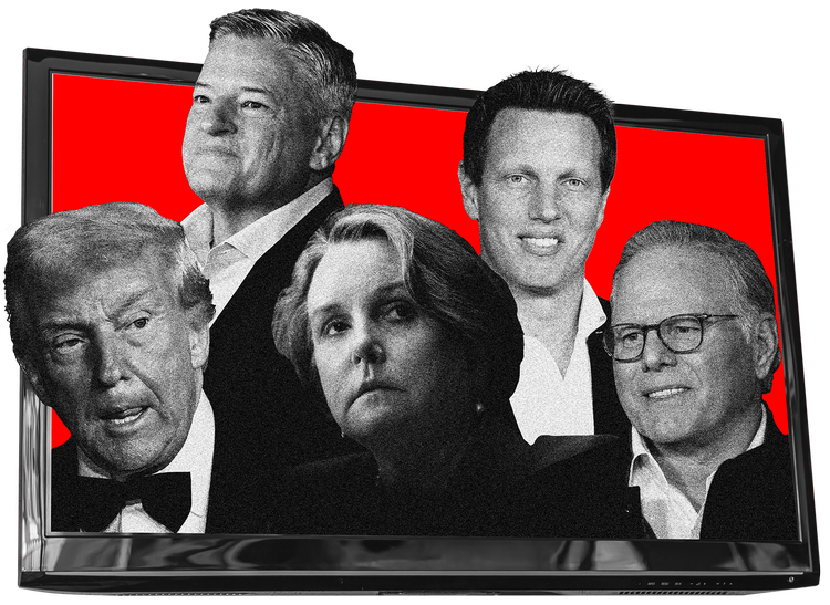 Hovedpersonerne i kampen om Warner Bros. Fra højre ses præsident Donald Trump, Netflix-chef Ted Sarandos, Abigail Slater fra Justitsministeriet, Paramount Skydance-chef David Ellison og David Zaslav fra Warner Bros.  Kollage: Kira Bube. Originalfoto: Chris Pizzello, Francis Chung/Politico, Jeenah Moon, Jordan Strauss, Daniel Cole, Freepik
