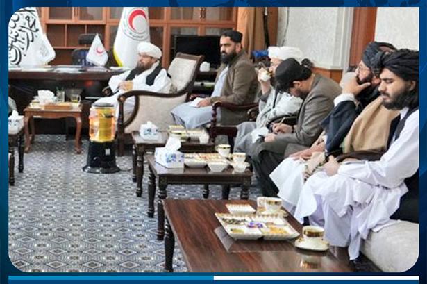 Overfor mændene på billedet sidder Johanna Radziukiewicz fra Dansk Røde Kors, men beskæringen i Talebans statsmedie gør, at man ikke kan se hende og en anden kvinde, som deltog i mødet.  Foto: Taleban