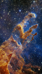 Skabelsens søjler kaldes poetisk den proces, man ser på billedet, taget af det famøse James Webb-teleskop. Billedet viser, hvordan stjerner bliver til gennem enorme mængder gas og støv. Foto: NASA, ESA, CSA, STScI; Image Processing: Joseph DePasquale (STScI), Anton Koekemoer (STScI), Alyssa Pagan (STScI)
