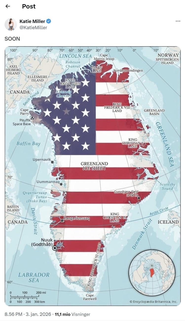 The map that Katie Miller from Donald Trump's inner circle posted on the social media platform X with the word 'SOON' Foto: Skærmbillede fra X