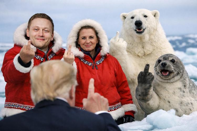 Grønlandsgrabseren Donald Trump møder massiv modstand fra de lokale i denne AI-fantasi udtænkt af en bruger på facebooksiden 'Boykot varer fra USA'. AI-genereret foto: Kim Sejr