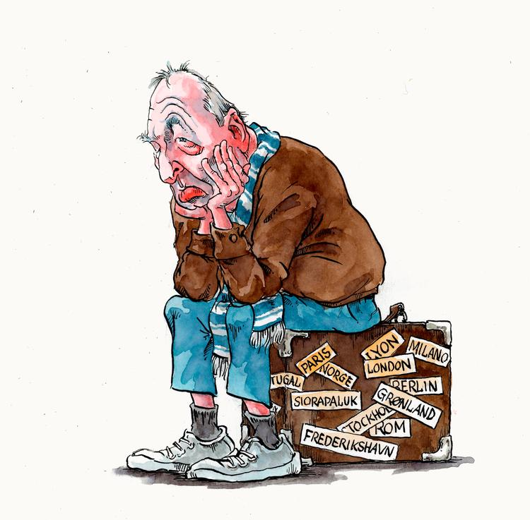 Kan man sidde på en dragkiste smækfyldt med rejseminder og løfte pegefingeren over for dem, der gerne vil ud og opleve verden, mens man selv stinker af flybrændstof? filosoferer Rasmus Bech i denne klumme. Tegning: Roald Als