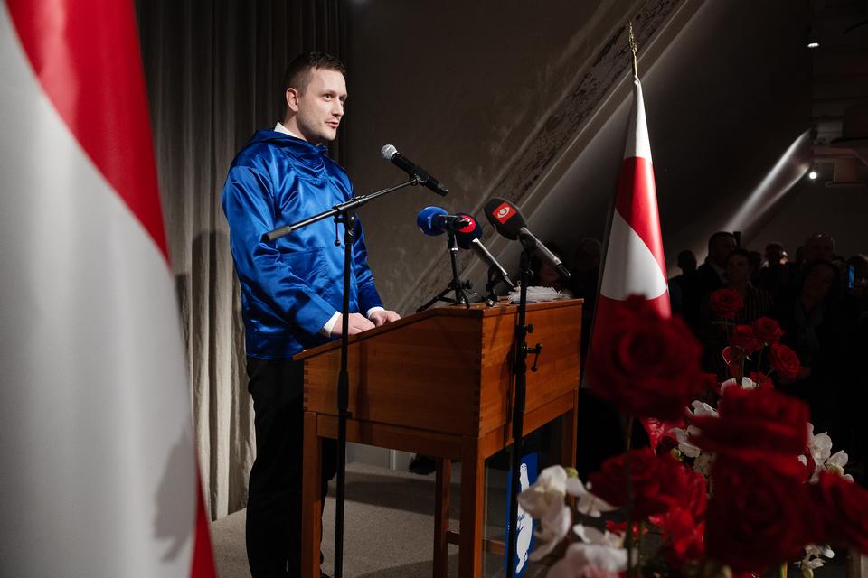 I sin tale lagde landsstyreformand Jens-Frederik Nielsen igen vægt på, at Grønland ikke ønsker at være en del af USA, men derimod ønsker et tæt forhold til Danmark - i hvert fald for nu.  Foto: Thomas Borberg