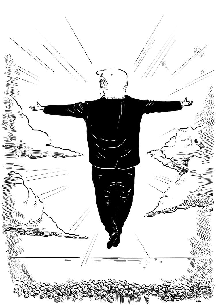  Jeg tror, han har et hul inde i sig selv – et mindreværd, et lavt selvværd, en følelse af ikke at være elsket, skriver Tobias Petersen. Arkivtegning:  Philip Ytournel