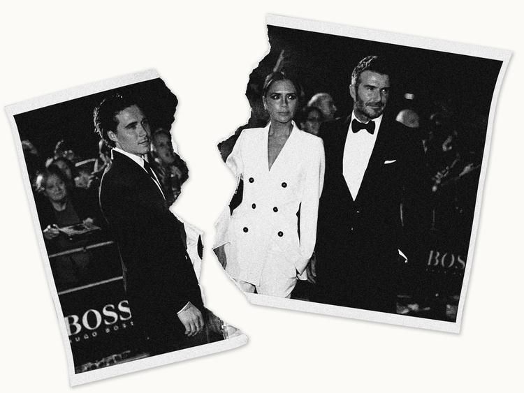 Beckham-parrets børn har ofte været fast inventar på den røde løber og på sociale medier. Nu siger Brooklyn Beckham, at det hele har været orkestreret for at styrke brandet. Illustration: Caroline Niegaard. Originalfoto: Henry Nicholls/Ritzau Scanpix