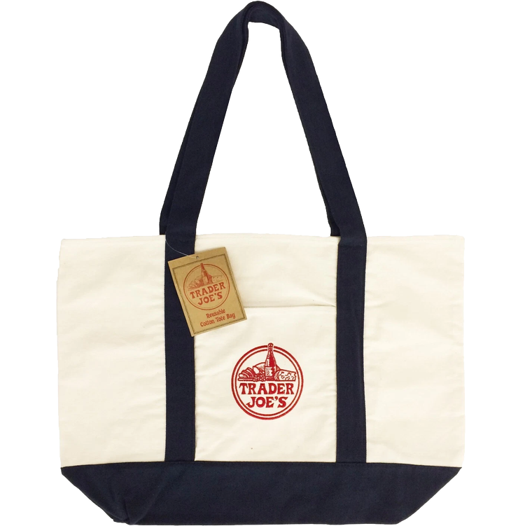 According to Trader Joe’s website, their popular tote has room for a paperback, half a baguette, and organic cheese. But an expert argues the look matters more than the contents. Foto: Pr-foto