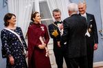 Kong Frederik X, dronning Mary, Litauens præsident, Gitanas Nauseda, og præsidentfrue Diana Nausediene ved en statsbanket på Præsidentpaladset i Vilnius i går. Foto: Ida Marie Odgaard/Ritzau Scanpix