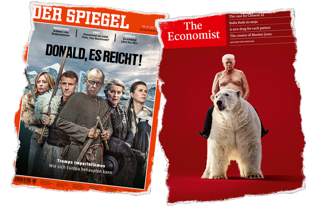 Collage:  Tomas Østergren. Forsider fra Der Spiegel og Economist. Foto: Texturelabs