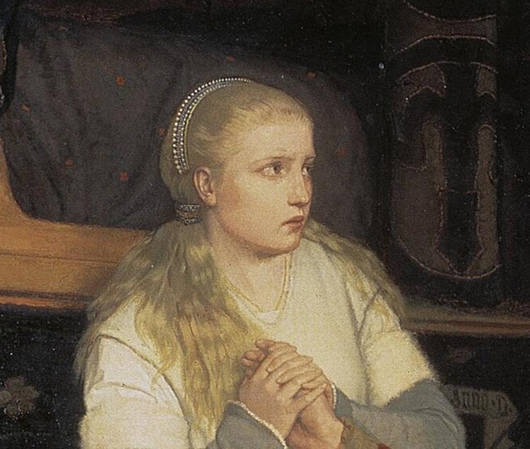 Ifølge skriftlige kilder fra samtiden var dronning Karin både smuk, gudsfrygtig og ydmyg. Her udsnit fra maleri af Georg von Rosens maleri fra 1871.  Foto: Det svenske Nationalmuseum