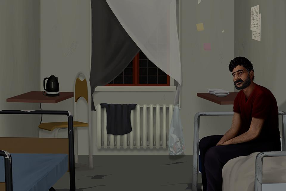 På udrejsecenter Kærshovedgård har beboerne alt for god tid til at spekulere i fysiske rammer, der minder om et fængsel..  Illustration: Suree Zawidi