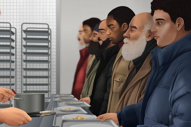 I sin triste tid på Kærshovedgård blev Ashkan mest på værelset, men stillede sig i kø i kantinen for at få mad tre gange om dagen. Han måtte ikke selv tilberede mad.  Illustration: Suree Zawidi