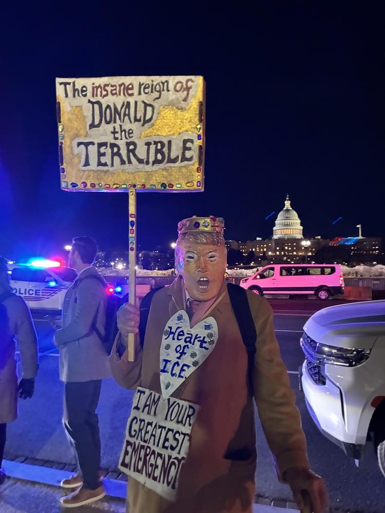 En Trump-kritisk demonstrant har iklædt sig maske og kongekrone og holder et gyldent skilt over hovedet. På det står der: »Den vanvittige regeringstid for Donald den Forfærdelige«. Foto: Anders Tornsø Jørgensen