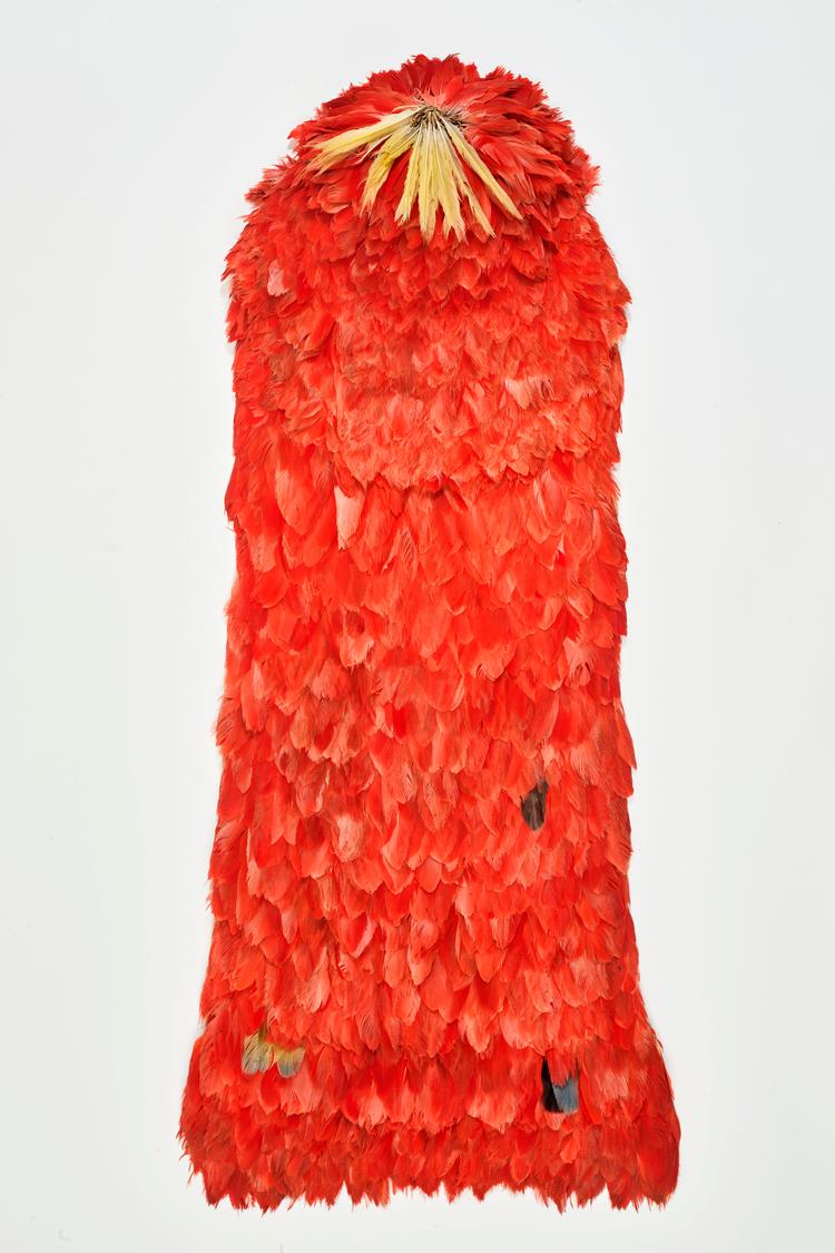 Kappen er skabt af omkring 4.000 fjer fra den røde ibis-fugl, der fløj rundt ved Brasiliens kyst for mange hundrede år siden. Mange vil huske kappen fra Nationalmuseets permanente udstilling 'Jordens Folk'.   Foto: Nationalmuseet