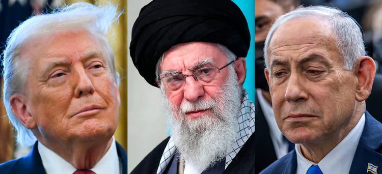 USA's præsident Donald Trump og Israels premierminister Benjamin Netanyahu har bombet Iran siden lørdag morgen. Irans øverste leder, Ayatollah Ali Khamenei (i midten), er flyttet til en ny og hemmelig lokation.  Foto: Chaim Goldberg, Andrew Caball/Ritzau Scanpix