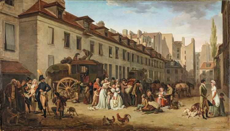 Postvognssystemet i Europa var effektivt, når adelen ville sydpå. De fleste danskere fik først fragtet sig til Hamburg enten med dansk postvogn eller skib, som var mere bekvemt. Der mødte man alle de tyske postvognsselskaber og købte billet til den videre rejse. Foto: L'arrivé d'une diligence dans la cour des messageries af Boilly Louis Léopold. Musée du Louvre/Philippe Fuzeau