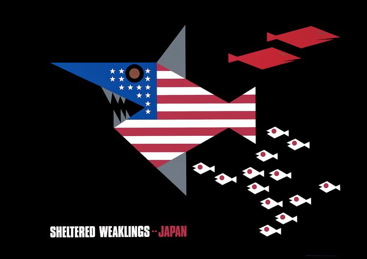 Kono Takashis plakat kan ses som en kommentar til USA's overherredømme, hvor de små fisk må følge med for at undgå at blive ædt.   Foto: Designmuseum Danmark