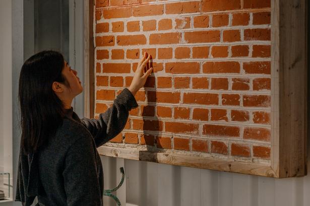 Testmuring viser forskellige forsøg med farve og formgivning af fugernes relief.  Foto: Longfei Tōsei Wang