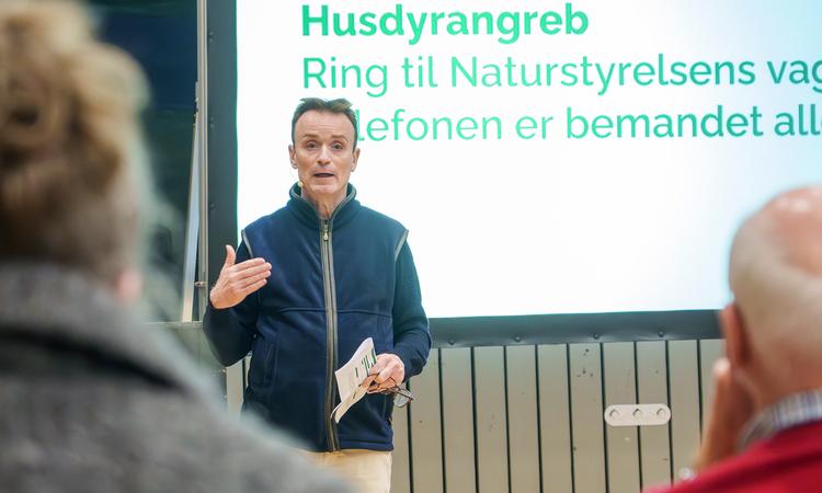 Skovrider Peder Bach Thøgersen fra Naturstyrelsen deltog på borgermødey om opsøgende ulve i Blaavandshuk Sportspark i Oksbøl. Foto: John Randeris/Ritzau Scanpix