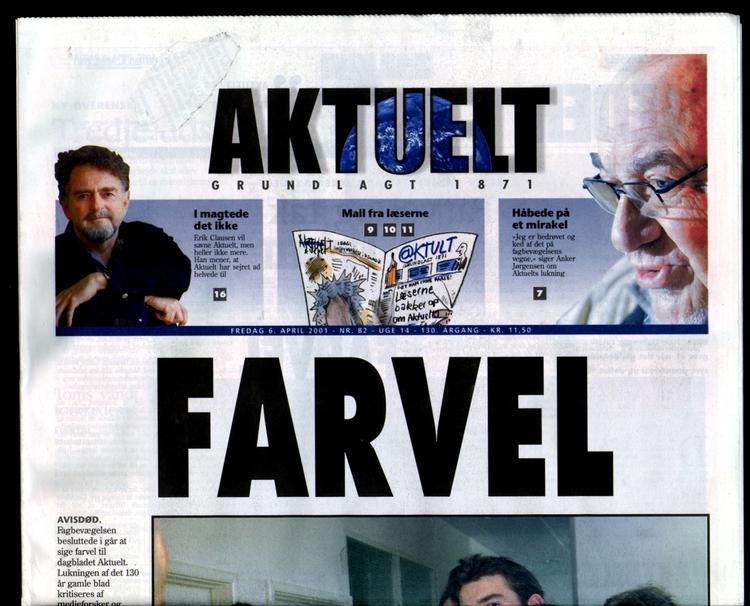 6. april udkom Aktuelt for sidste gang. Det var dermed enden på den 130 år gamle historie med den socialdemokratiske presse, hvor Socialisten (fra 1871 - senere Aktuelt) i København og Demokraten i Aarhus var de to store blade.  Foto: /Jyllands Posten