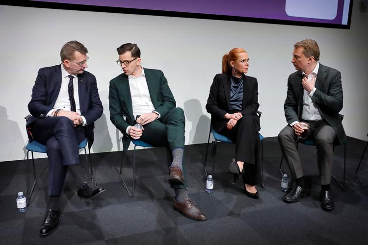 FV26: The Publicist Club is hosting a party leaders’ debate at Industriens Hus. Venstre leader Troels Lund Poulsen (V), Liberal Alliance leader Alex Vanopslagh (LA), Danmarksdemokraterne leader Inger Støjberg (DD) and Dansk Folkeparti leader Morten Messerschmidt (DF). Foto: Jens Dresling