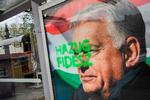 'Løgner Fidesz', står der med grøn maling på en af Viktor Orbáns valgplakater ved et busstoppested i Budapest. Foto: Ferenc Isza/Ritzau Scanpix