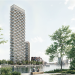Langeliniehøjhuset skal primært bygges i træ og glas. Alligevel mener kritikere, at det er for stor en belastning for klimaet. Illustration:  Lendager Group