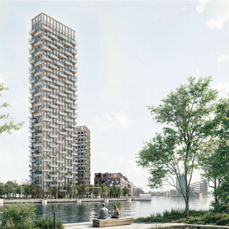 Langeliniehøjhuset skal primært bygges i træ og glas. Alligevel mener kritikere, at det er for stor en belastning for klimaet. Illustration:  Lendager Group