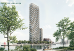 Langeliniehøjhuset her vil blive en 23 meter lavere pendant til Aarhus' Lighthouse. Illustration:  Lendager Group