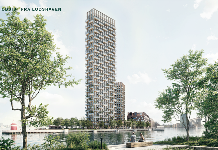 Langeliniehøjhuset her vil blive en 23 meter lavere pendant til Aarhus' Lighthouse. Illustration:  Lendager Group